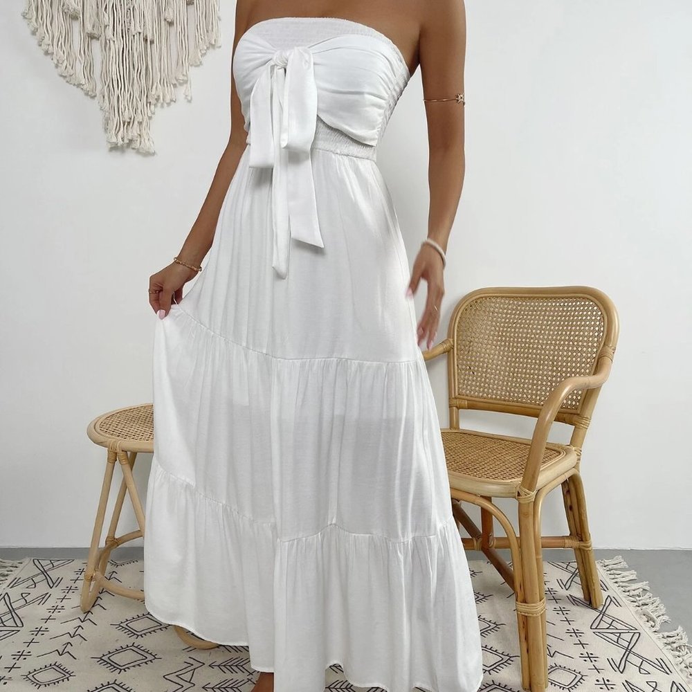 White Preppy Womens Tie Front Shirred Ruffle Hem Tube Dress - Picture 5 of 5